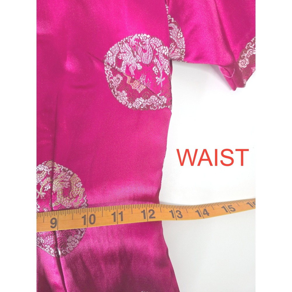 60s Vintage Fuchsia Pink Satin Cheongsam Qipao Dress Dragon Phoenix Brocade Midi - Picture 15 of 16